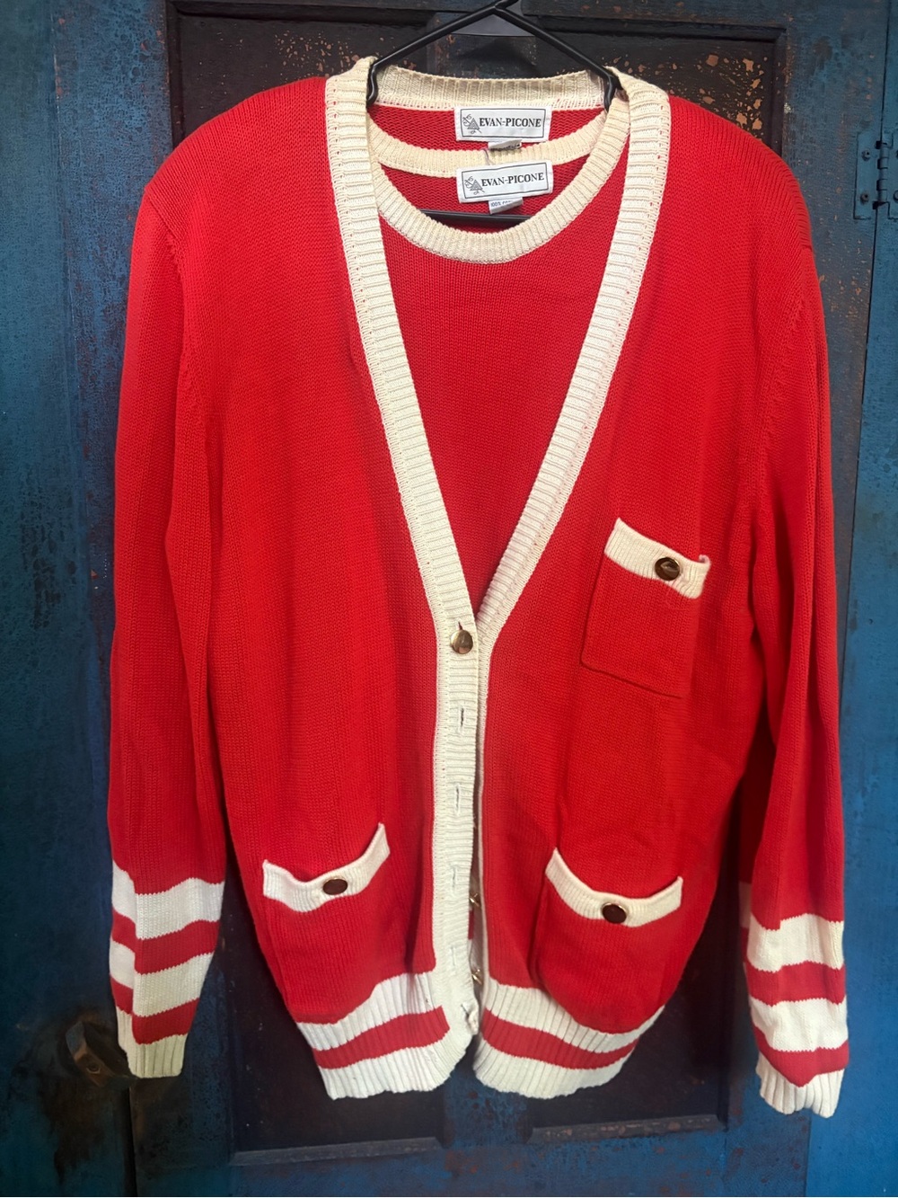 Vintage Evan-Picone 2-Piece Sweater Set Red Cream Varsity Preppy Medium Cotton